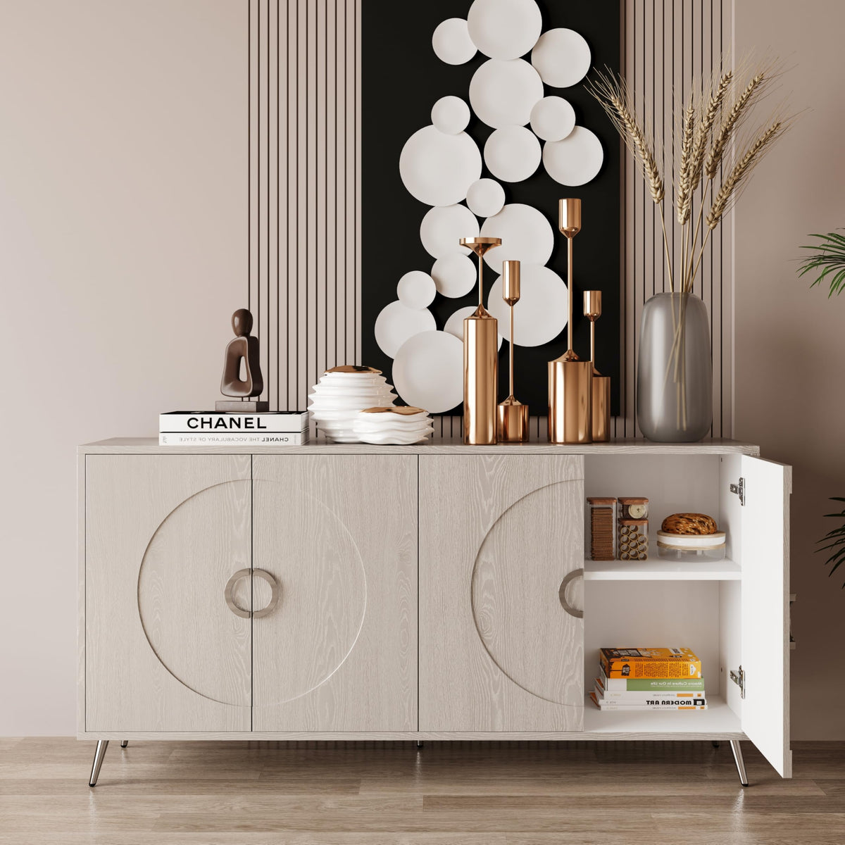 YJNKU Wooden Cabinet Sideboard Buffet Server Cabinet,4 Door Storage Cabinet, Modern Lacquered,for Living Room, Entryway, Hallway, Office, Kitchen and Dining Room,Champagne Silver