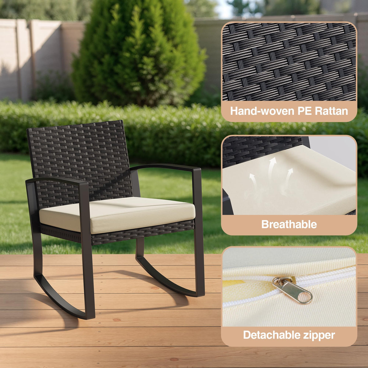 Qsun 3 Pieces Porch Furniture Set Patio Rocking Bistro Set Outdoor Patio Chairs Rattan Conversation Sets with Coffee Table for Front Porch Garden Balcony Backyard Poolside (Beige Cushion)