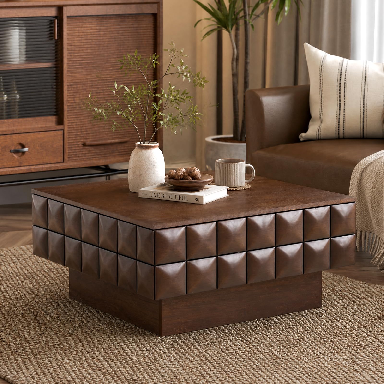 LKTART Coffee Table with Storage, 31.89" Square Coffee Table with Solid Wood Veneered, Unique Wood Center Table for Living Room Home Office (Walnut)