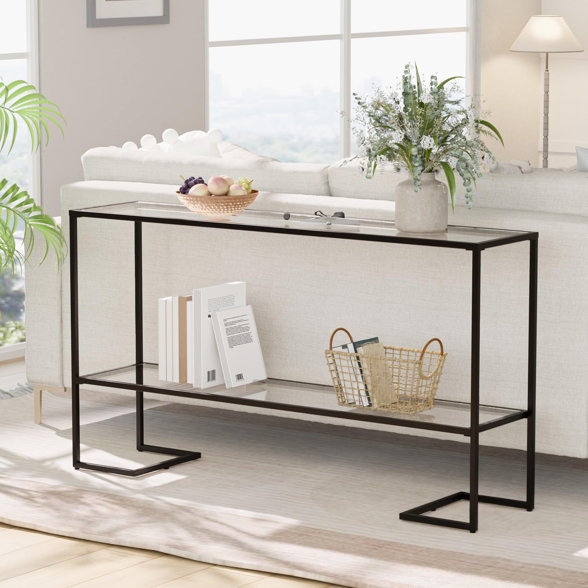 Cozy Castle 52" Entryway Table, 2-Tier Narrow Console Table with Tempered Glass & Sturdy Metal Frame, Modern Sofa Table with Storage Shelves for Entryway, Hallway, Foyer, Living Room, Black