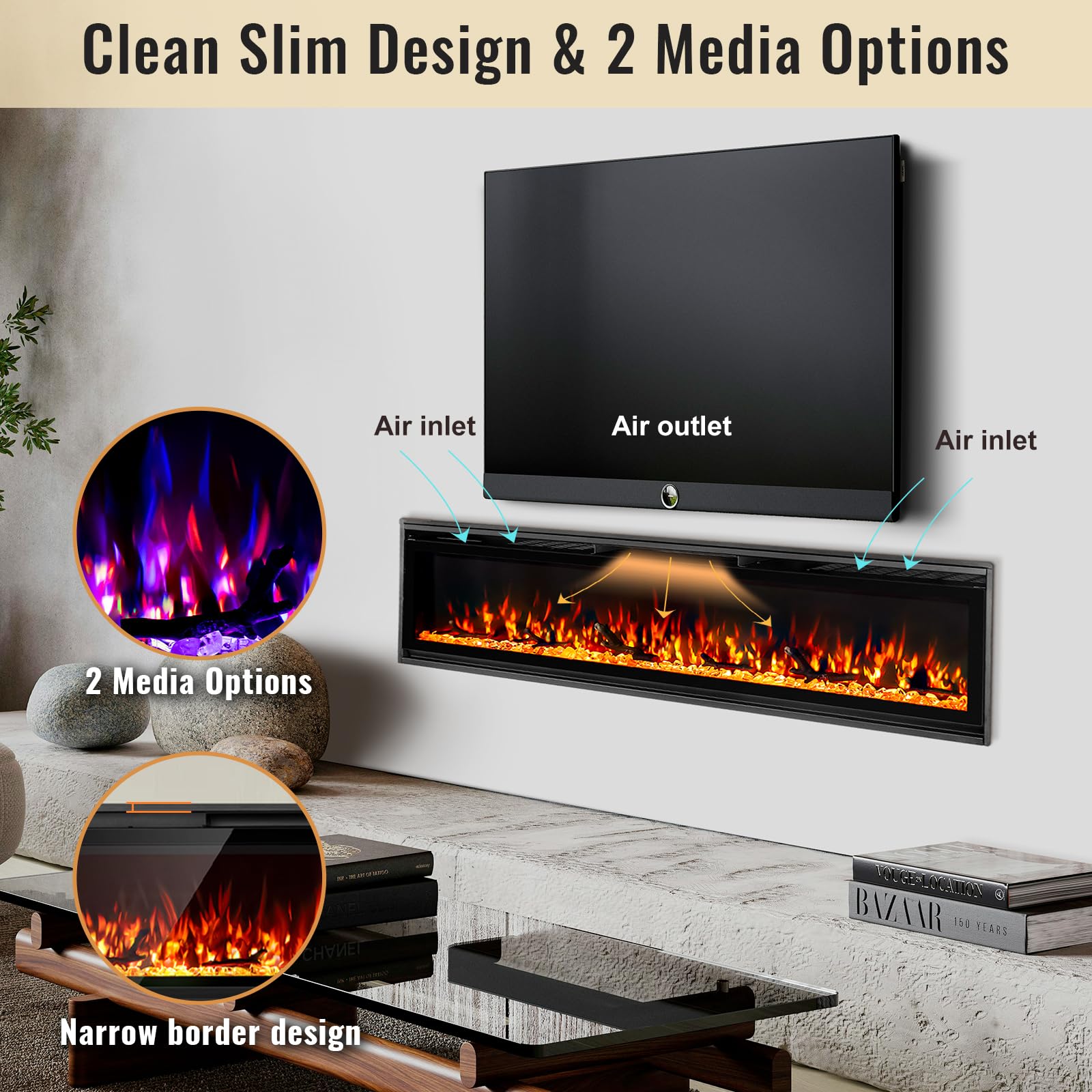 Wall Mounted Electric Fireplace Insert with Remote