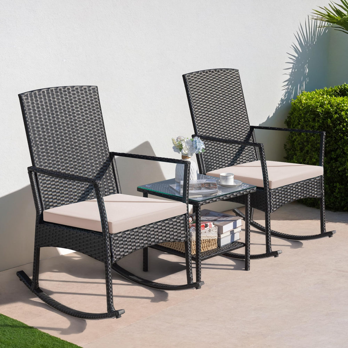 Greesum 3 Pieces Patio Furniture Set Outdoor Wicker Rocking Chairs,Beige