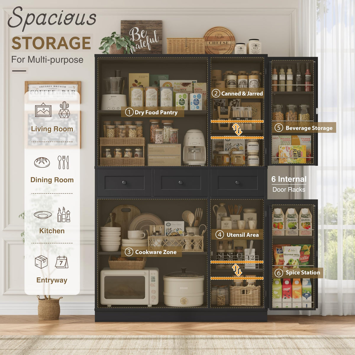 HITHOS 71" Tall Kitchen Pantry Storage Cabinet w/Drawers & Shelves, Black
