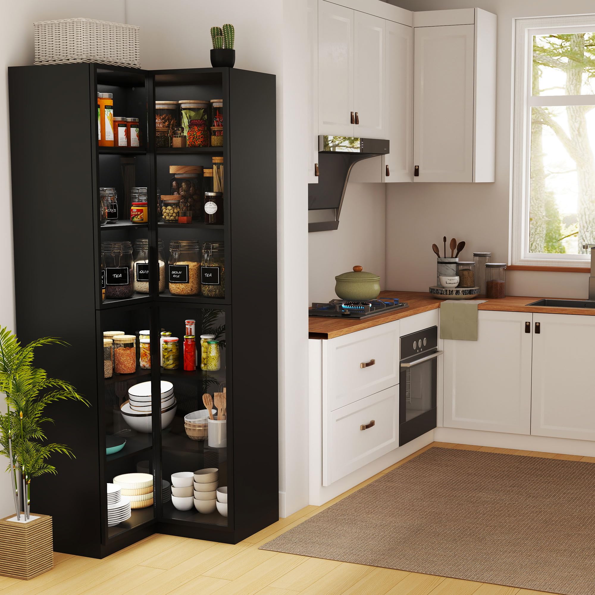 L-Shaped Corner Bookcase with Glass Doors & LED Lights