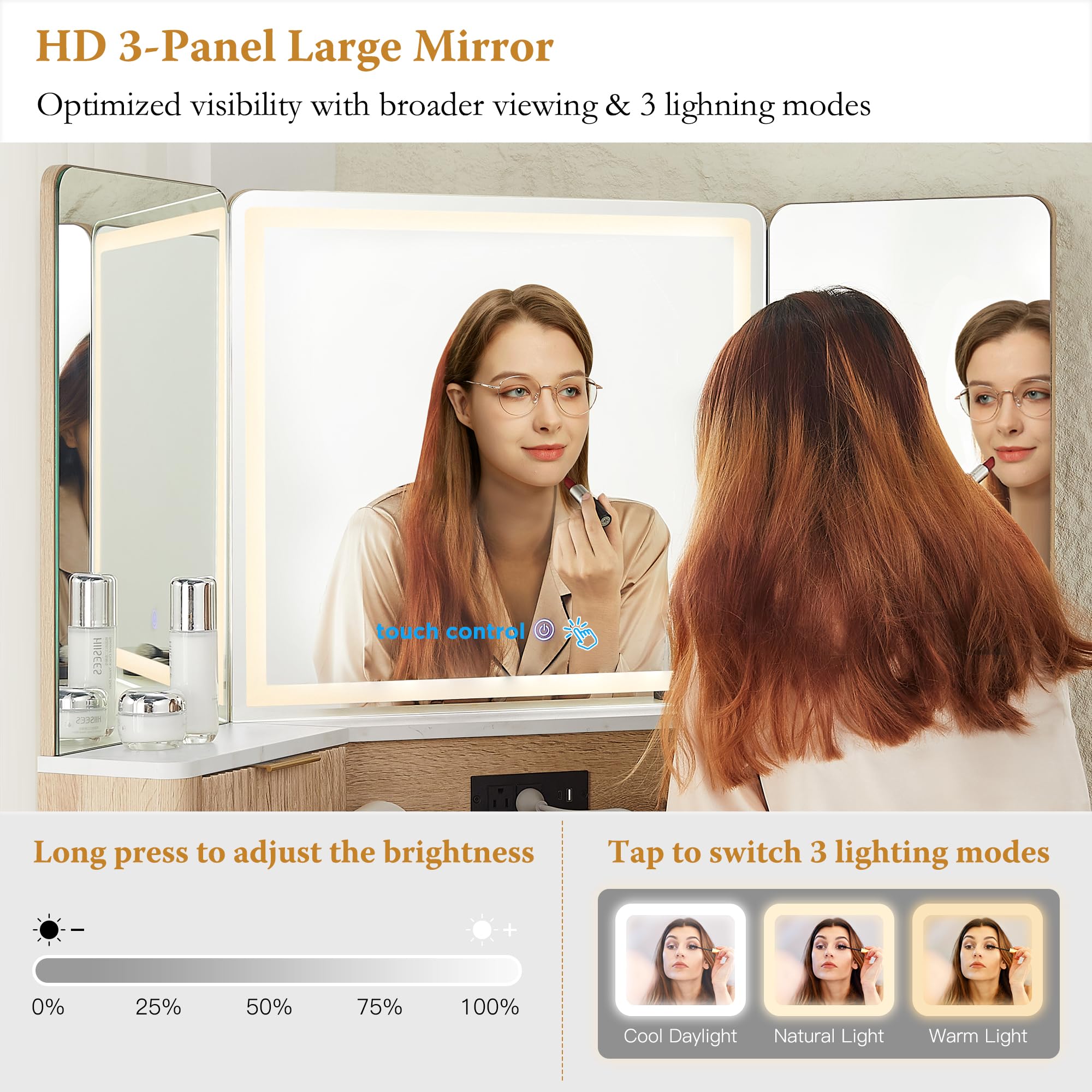 T4TREAM 48" Fluted Makeup Vanity Desk with HD Triple Mirror and Lights, Large Lighted Corner Vanity with Glass Top, Modern Dressing Table with 3 Drawers & 2 Cabinets for Bedroom, Natural Oak
