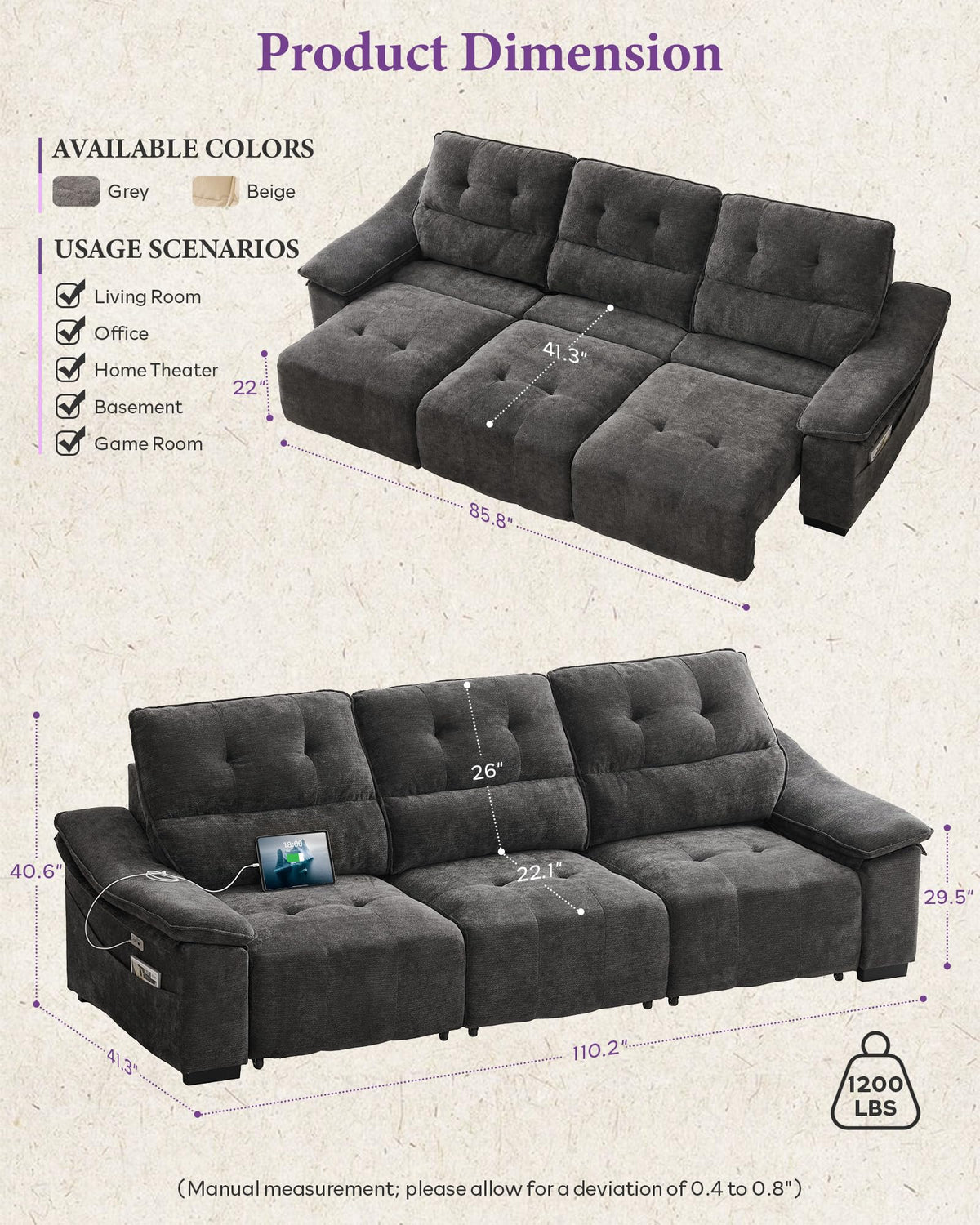 Chenille Power Reclining Sofa