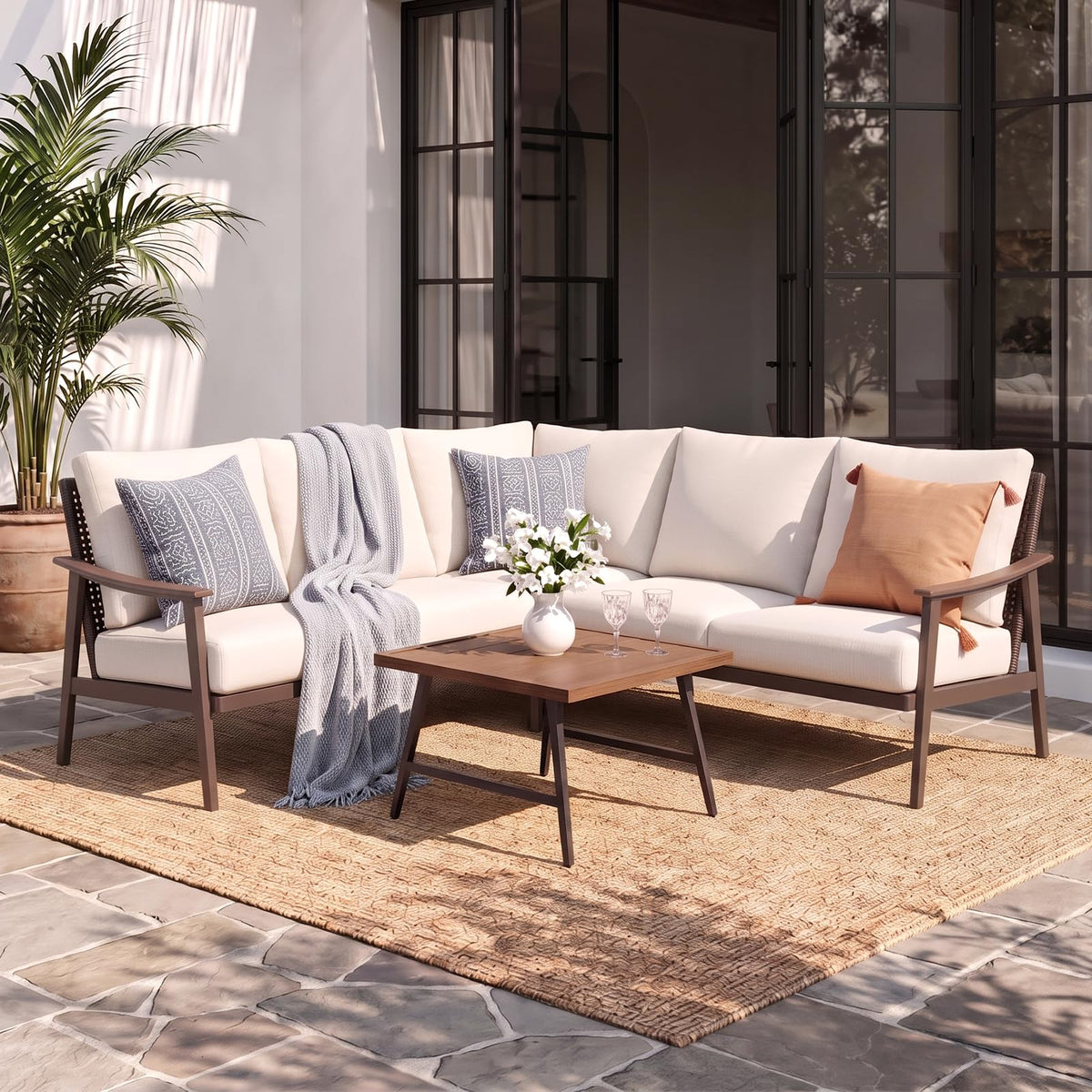 6 Pieces L-Shape Patio Furniture Set, Outdoor Sectional Sofa, Woodgrain Arm