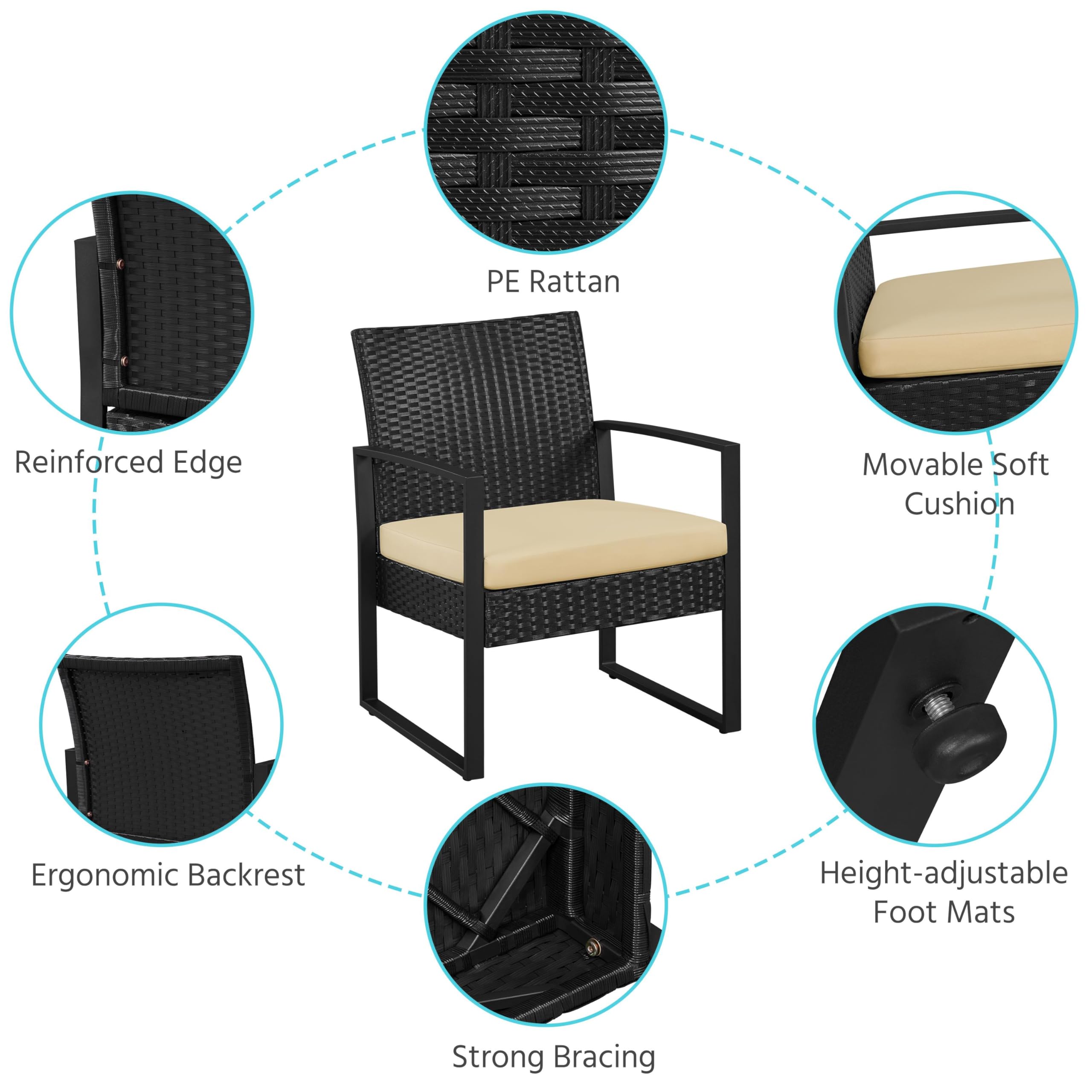 3-Piece Rattan Bistro Set with Tempered Glass Coffee Table