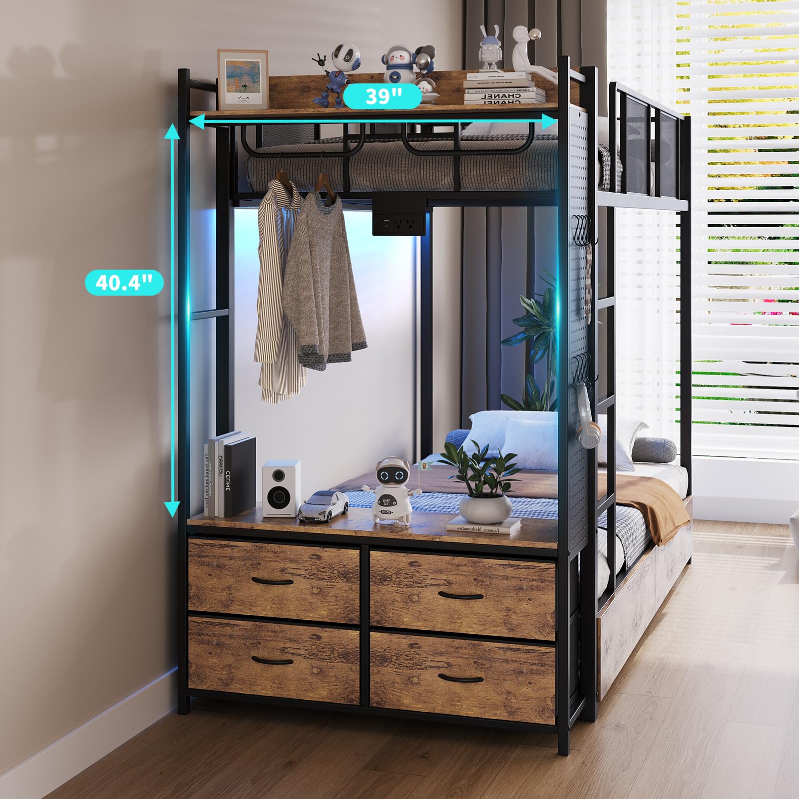 Twin Over Twin Bunk Bed with Hall Tree, LED Lights & Storage