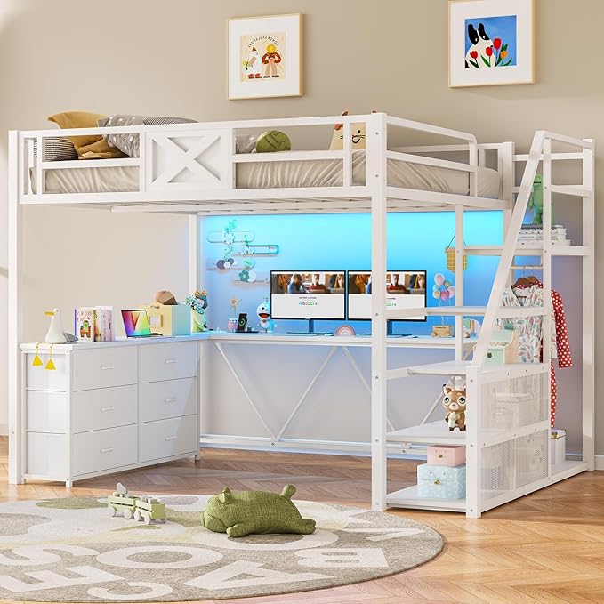 Full Size Loft Bed with Desk & Storage Stairs