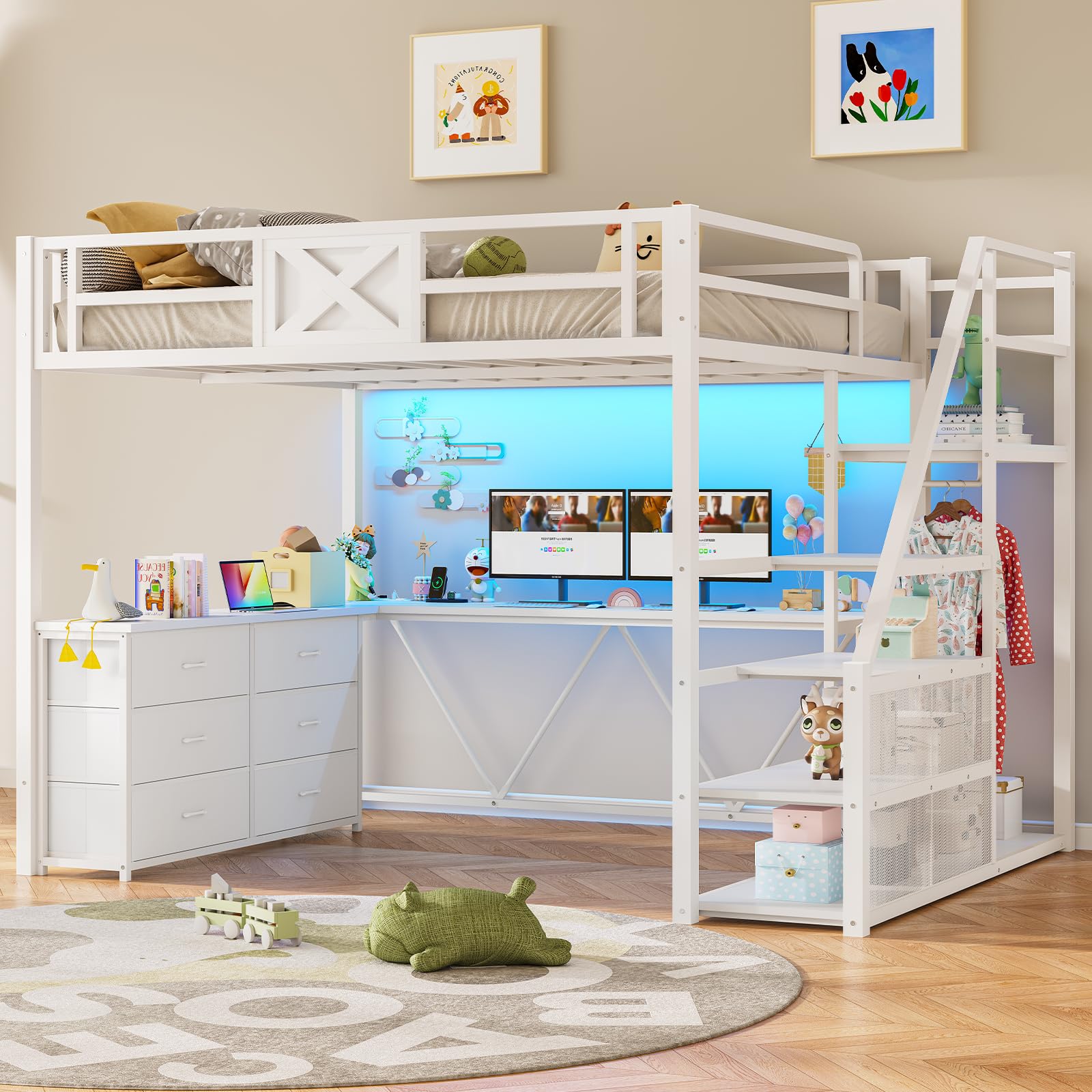 Full Size Loft Bed with Desk & Storage Stairs