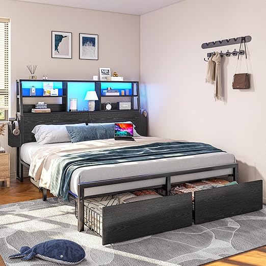 Bed Frame with Storage, LED Lights & Charging Station