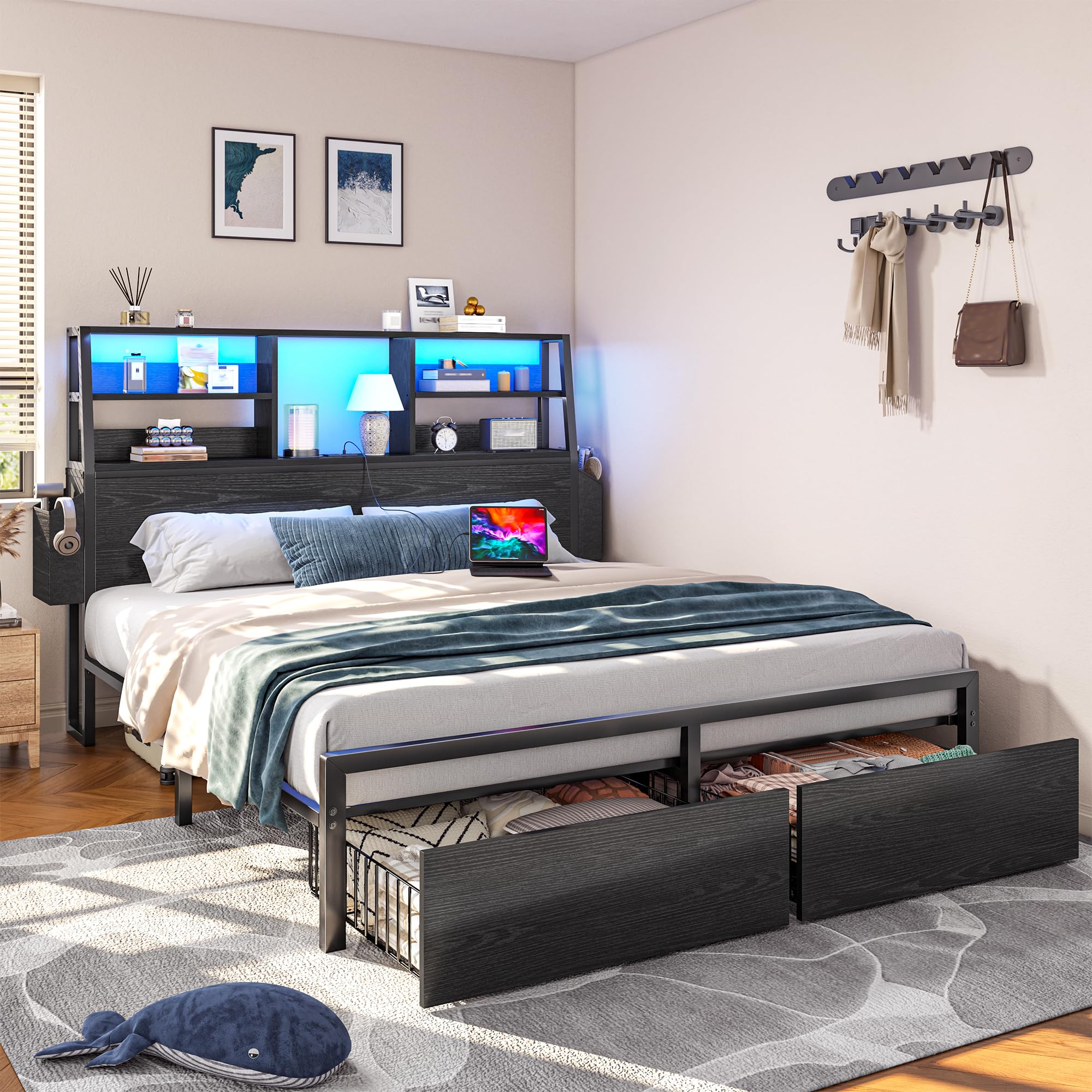Bed Frame with Storage, LED Lights & Charging Station