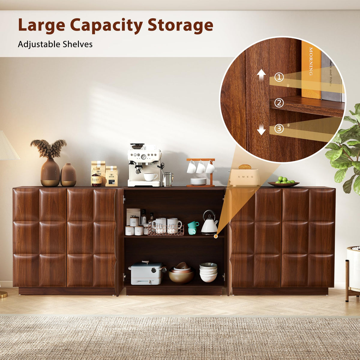 XUZENEST Set of 3 Sideboard Buffet Cabinet with Storage, Modern Accent Cabinets with Adjustable Shelves, 6 Doors Coffee Bar Buffet Table Credenza for Living Room Kitchen Hallway,Walnut