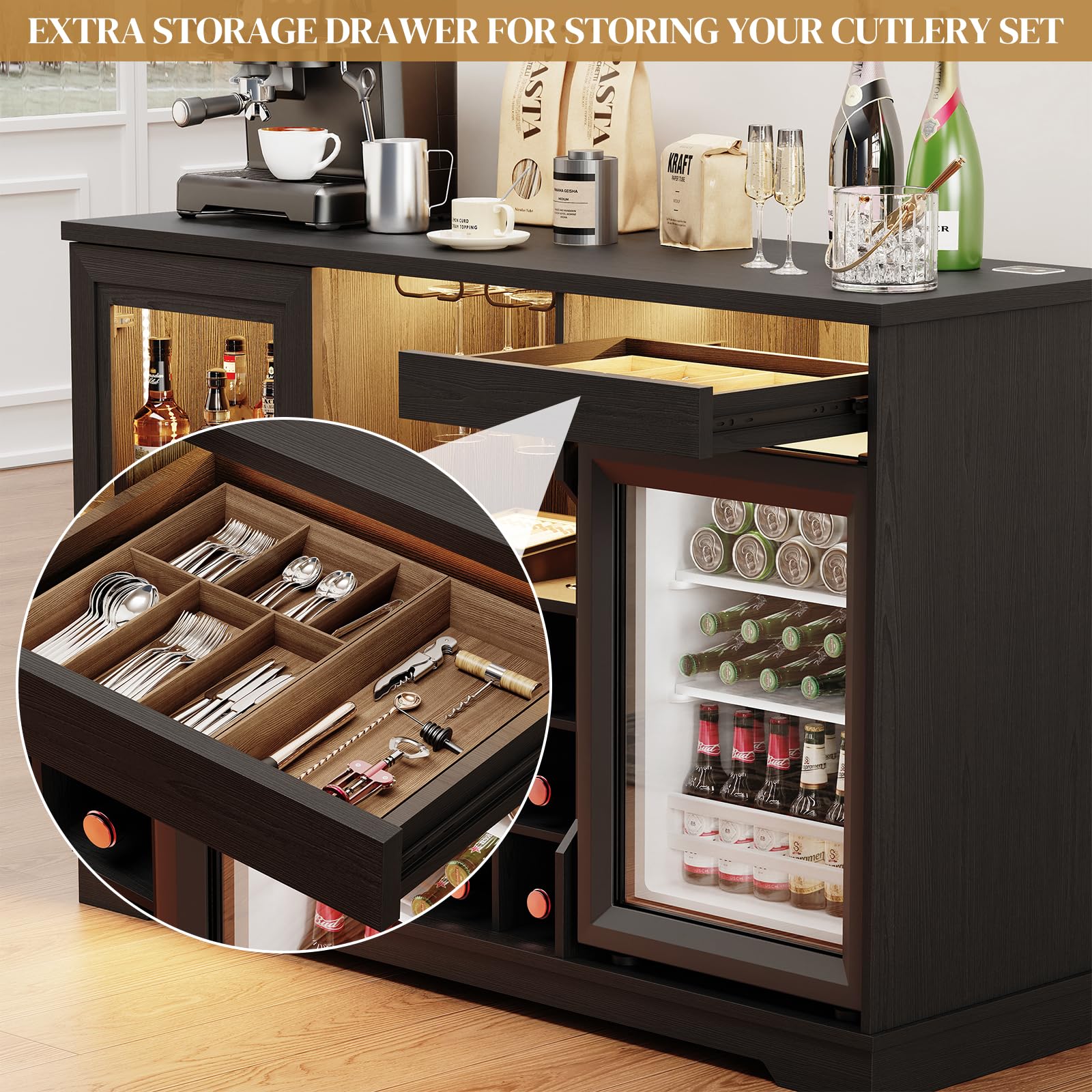 Bar Cabinet with Wine Cooler & LED Lights