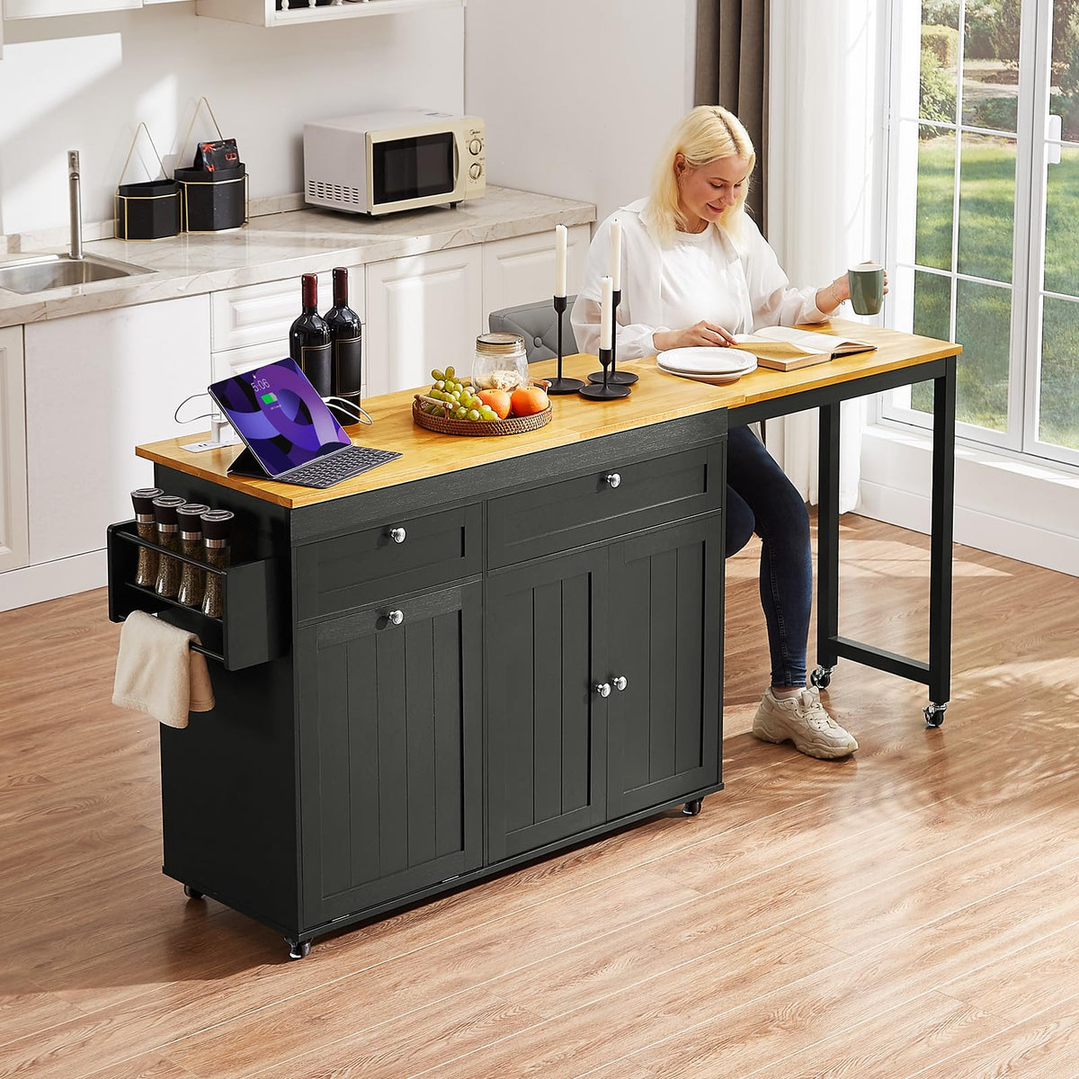 Kitchen Islands with Extendable Dining Table, Mobile Storage Islands, Black