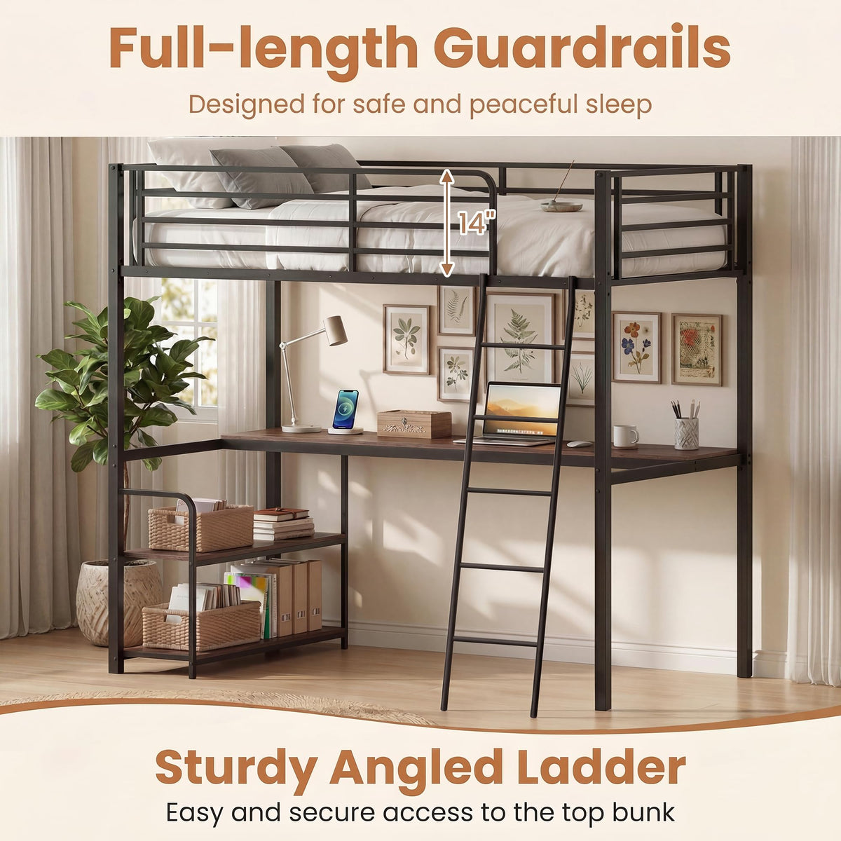 GIANTEX Twin Loft Bed with Desk & Charging Station, Industrial Metal Bed Frame w/Inclined Ladder, Safety Guardrail & Storage Shelves for Kids, Teens, Bedroom, Dorm, Space-Saving, No Box Spring Needed