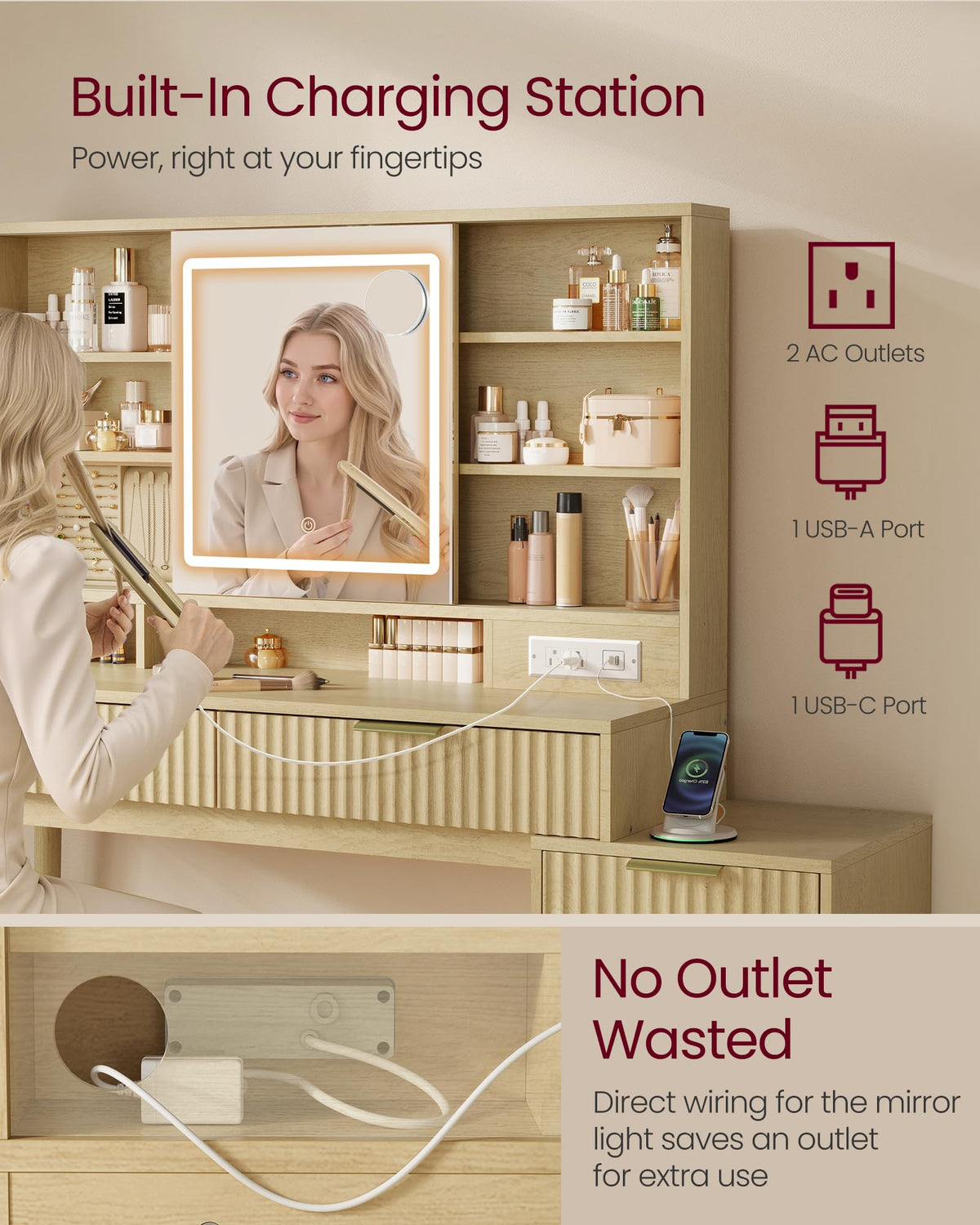 Fluted Vanity Desk with Lighted Sliding Mirror
