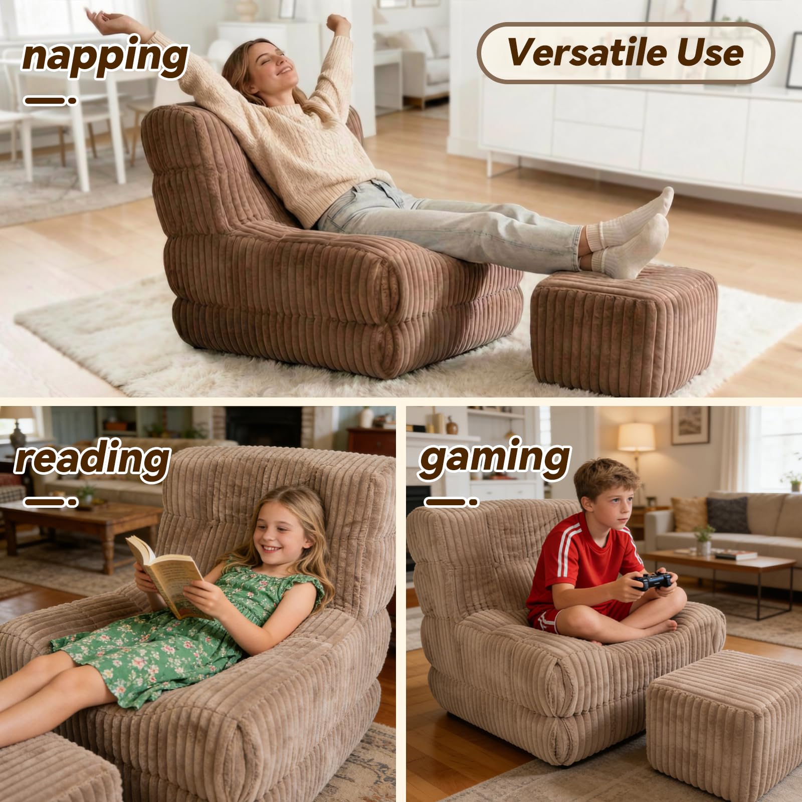 Corduroy Bean Bag Chair with Ottoman Floor Sofa
