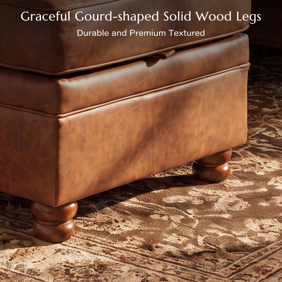 Landassy Home 26" Square Ottoman with Storage, Faux Leather, Caramel