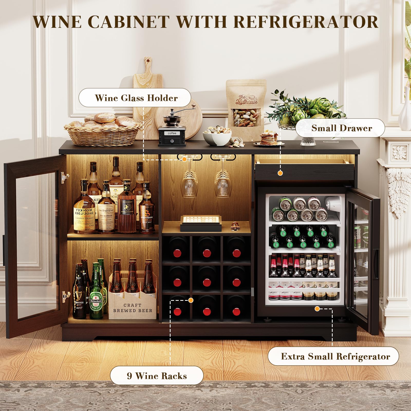 Bar Cabinet with Wine Cooler & LED Lights