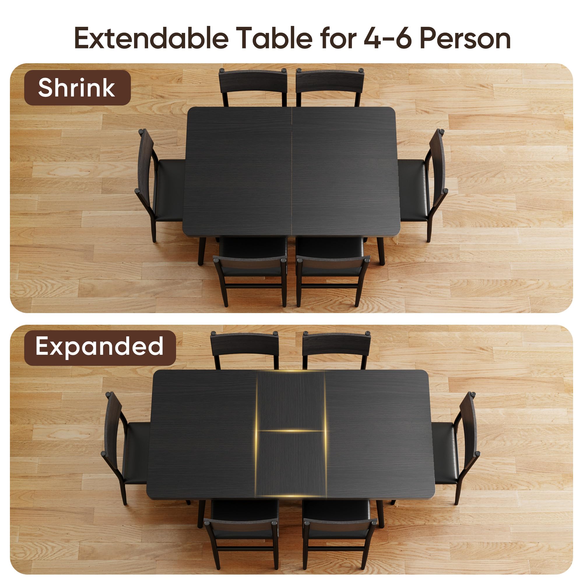 Ahomly 7-Piece Extendable Dining Table Set with 6 Padded Chairs, 63" Dining Table Set for 4-6, Kitchen Table Set with MDF Board & Metal Frame, for Small Space, Kitchen, Apartment, Black