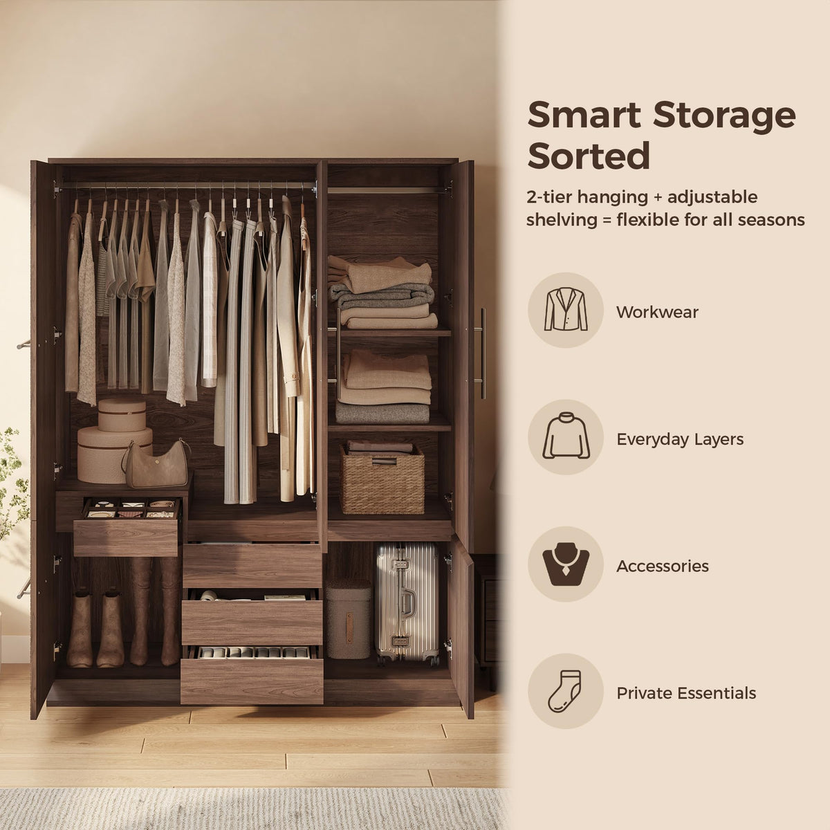 Walnut 5-Door Wardrobe Armoire