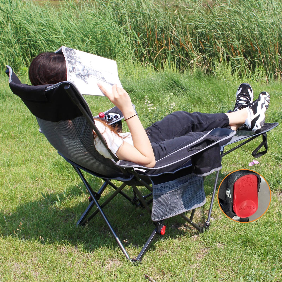 POEPORE 2-Pack Reclining Camping Chair with Removable Footrest Lounge Chair with Headrest, Cotton Cushion, Portable Adjustable Folding Chairs for Adults Black