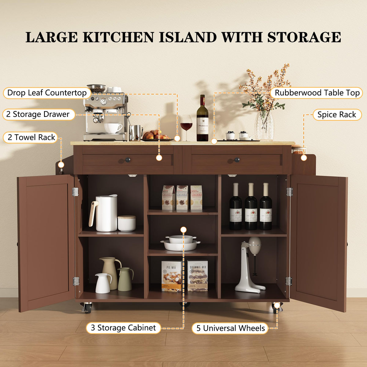 HLR Farmhouse Kitchen Island On Wheels, Brown