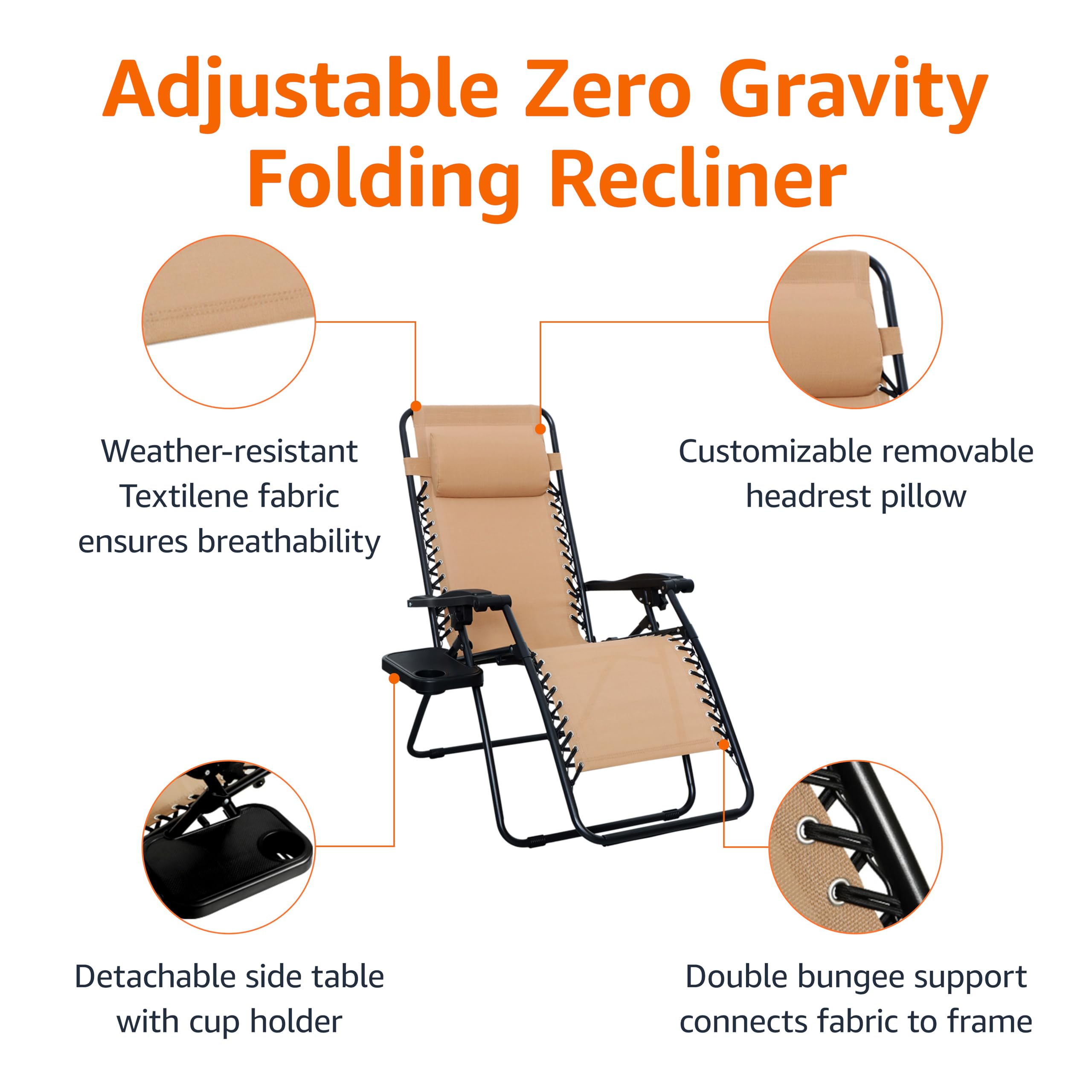 Zero Gravity Reclining Lounge Chair Set of 2 with Side Table & Headrest