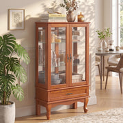 52" Lighted Accent Curio Cabinet, 3-Tier Antique Storage Cabinet with Tempered Glass Adjustable Shelves & Drawer, Acrylic Pane, Light Bulb Included, China Display Case for Living Room (Dark Oak)