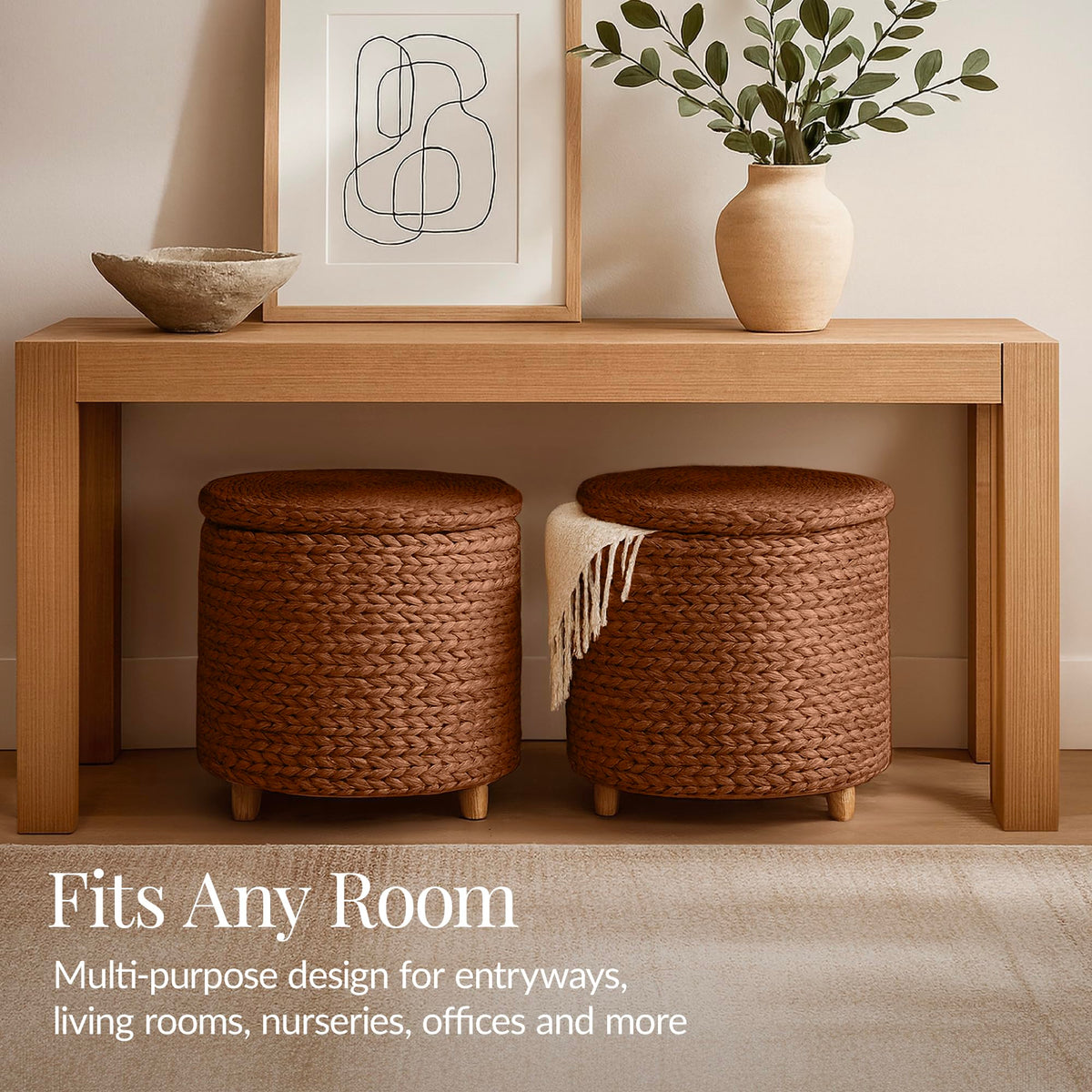 Round Water Hyacinth Storage Ottoman