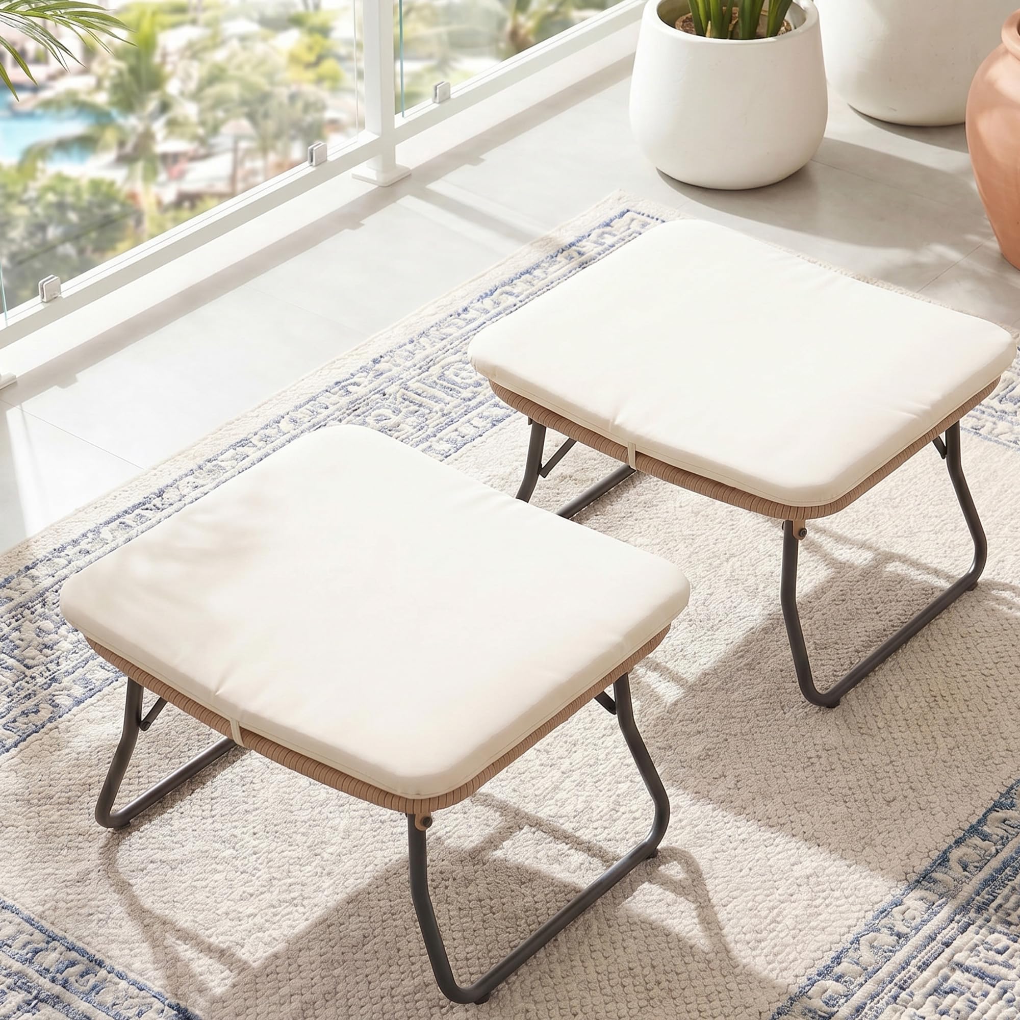 Outdoor Folding Wicker Ottomans with Cushion (Set of 2)