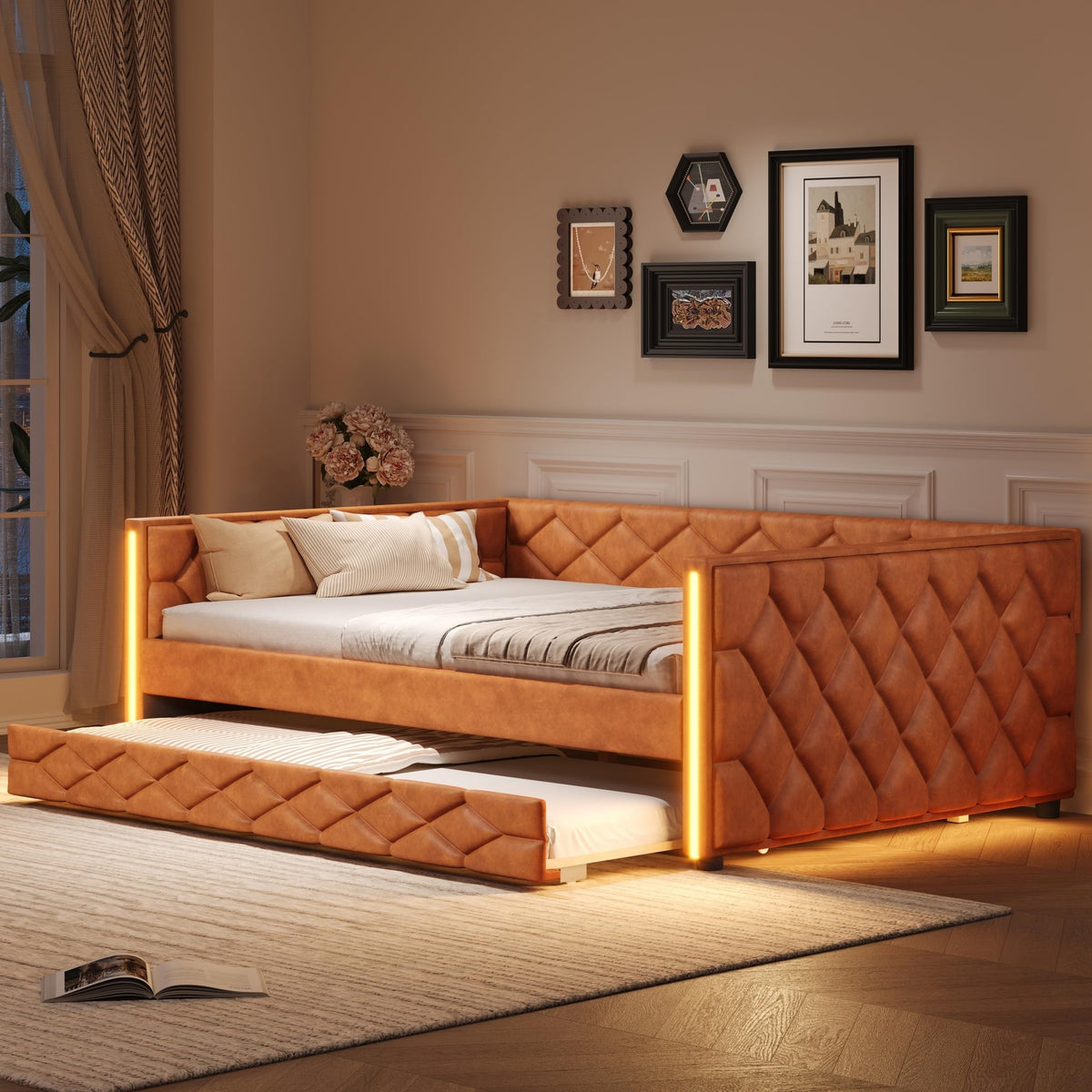 Waifahlo Full Size Trundle Beds, Upholstered Daybed with LED Armrests