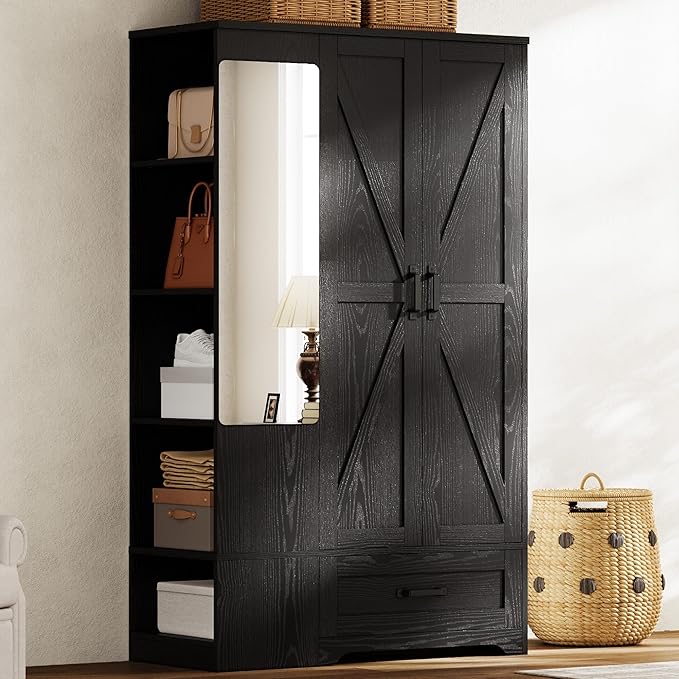Wardrobe Closet with Mirror, Doors & Shelves