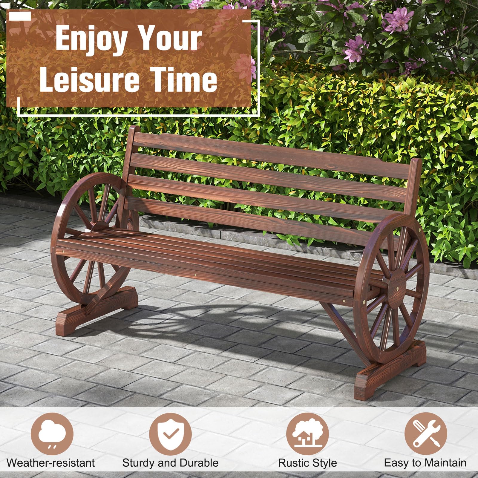 Outdoor Wooden Wagon Bench with Wheel Armrest