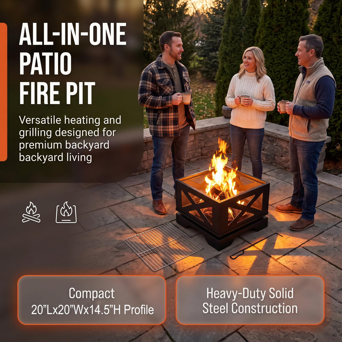 Kingson 20" Square Outdoor Fire Pit with X-Frame Mesh Design, Portable 2-in-1 Fire Pit & BBQ Grill, Heavy-Duty Steel with Spark Screen & Poker for Backyard & Camping