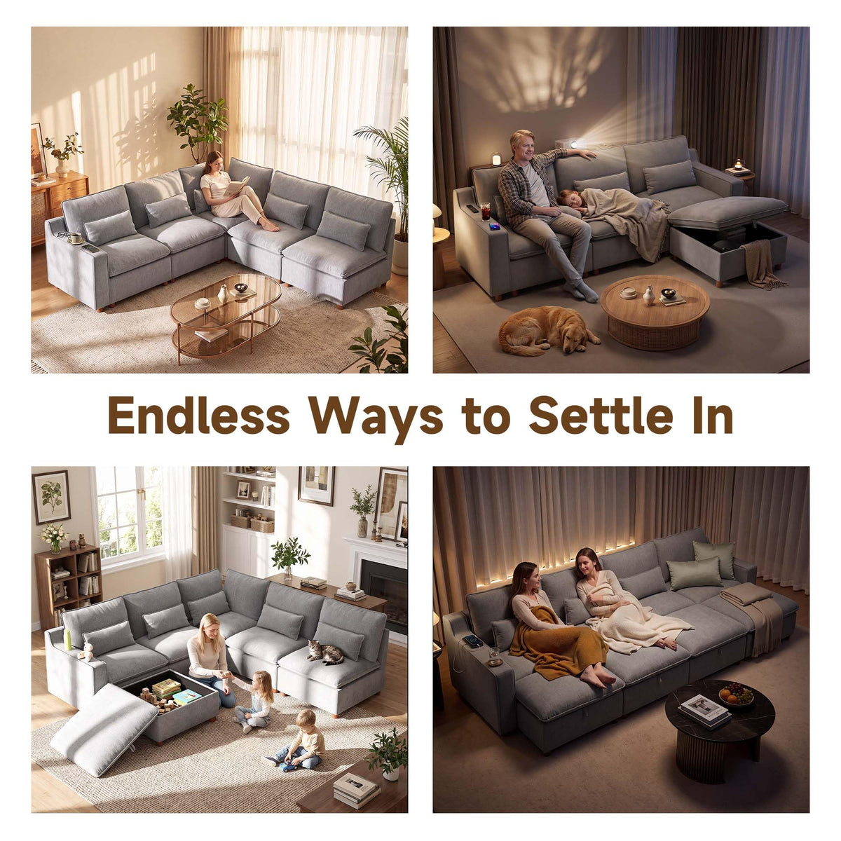 Ihanherry 134" Oversized Modular Sectional Sofa with Storage Ottomans, Chenille Cloud Couch with Deep Seat and Seamless Backrest, Couches for Living Room, Grey