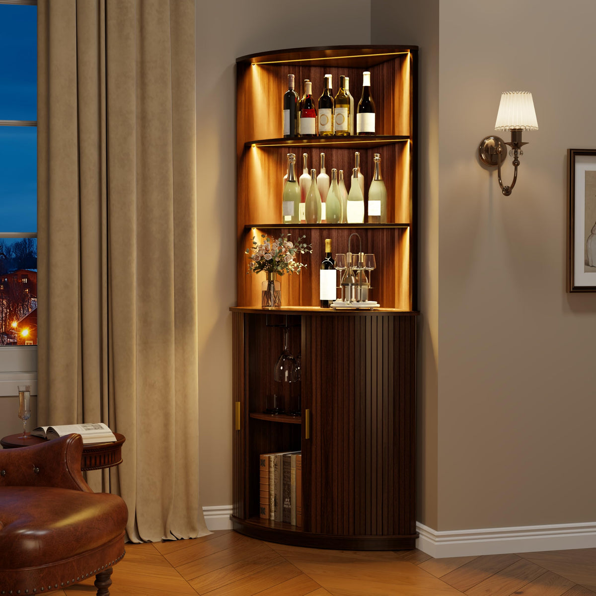 DHH 71" Tall Corner Bar Cabinet with LED Light & Wine Glass Holder(Walnut)