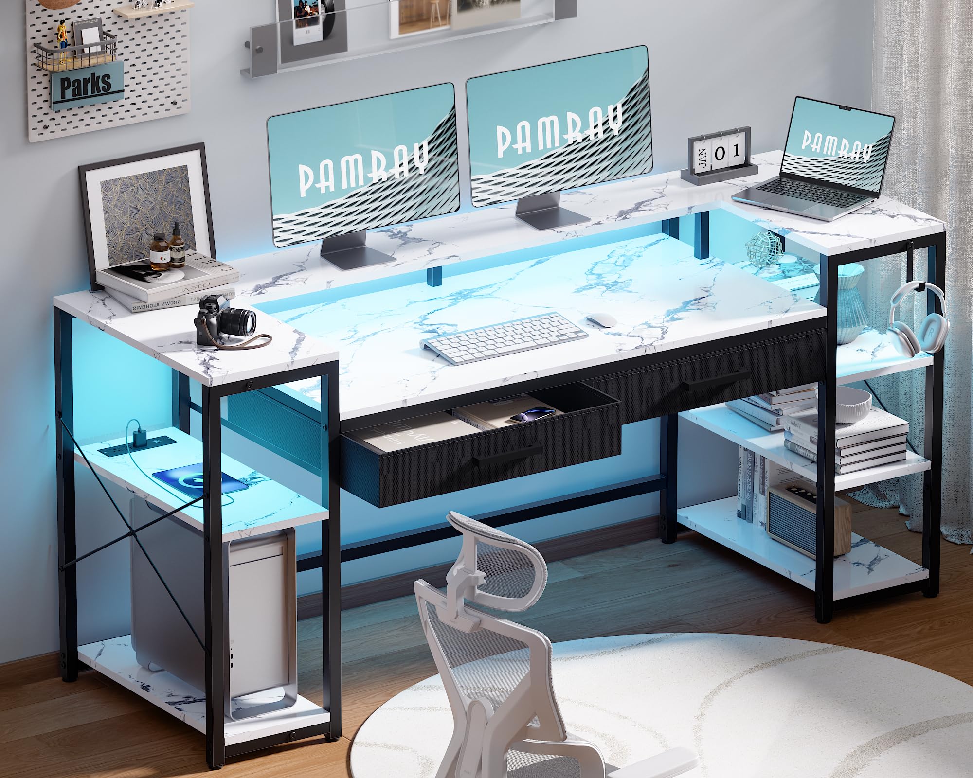 Pamray 58 Inch Computer Desk with Monitor Stand and Shelves Gaming Desk with LED Lights & Power Outlets PC Vanity Table with 2 Drawers for Home Office Marble