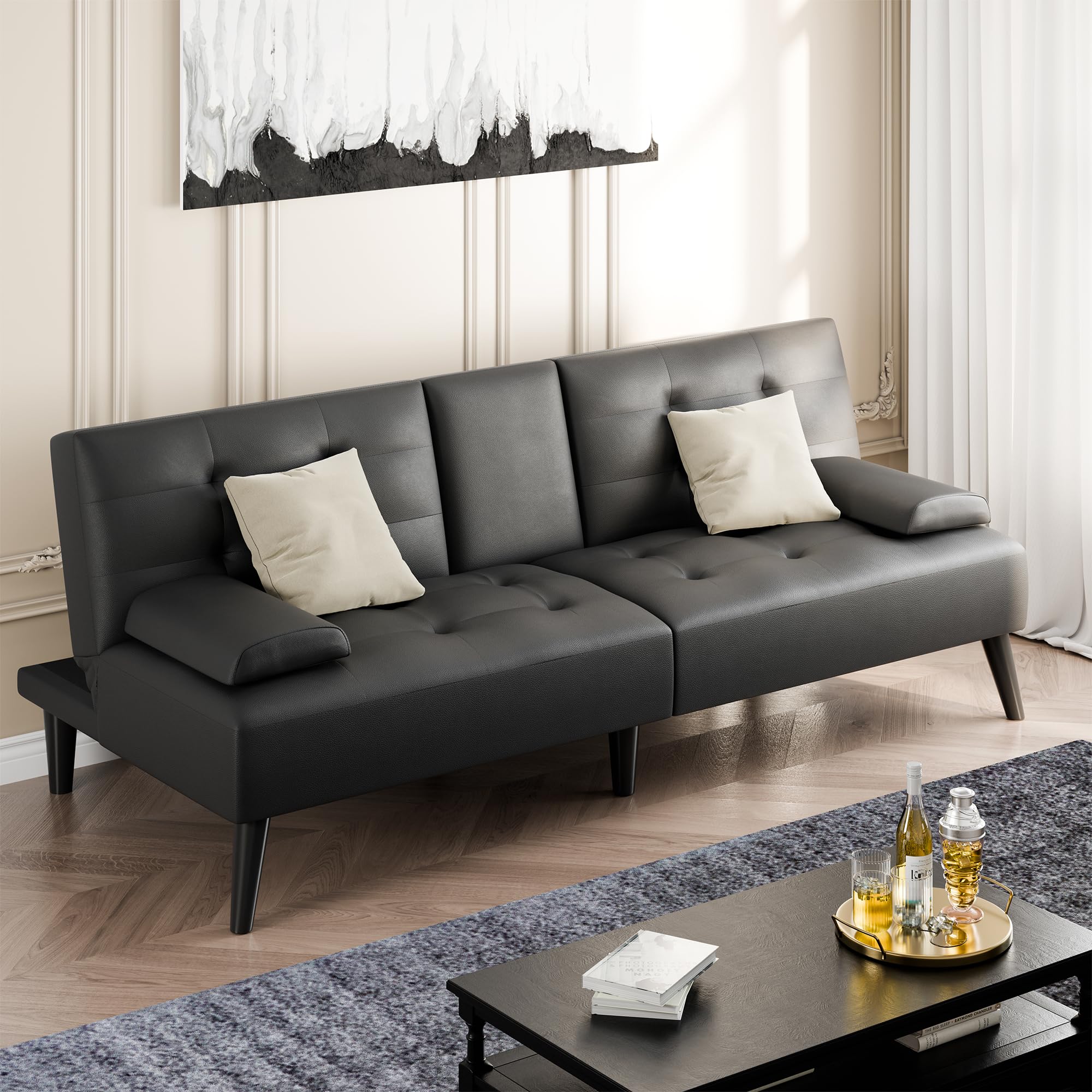 Foldable Futon Sofa Bed with Reclining Backrest & Cup Holders