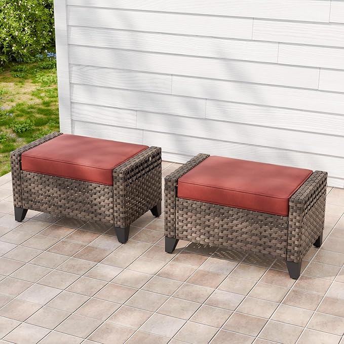 Outdoor Wicker Patio Ottomans Set of 2