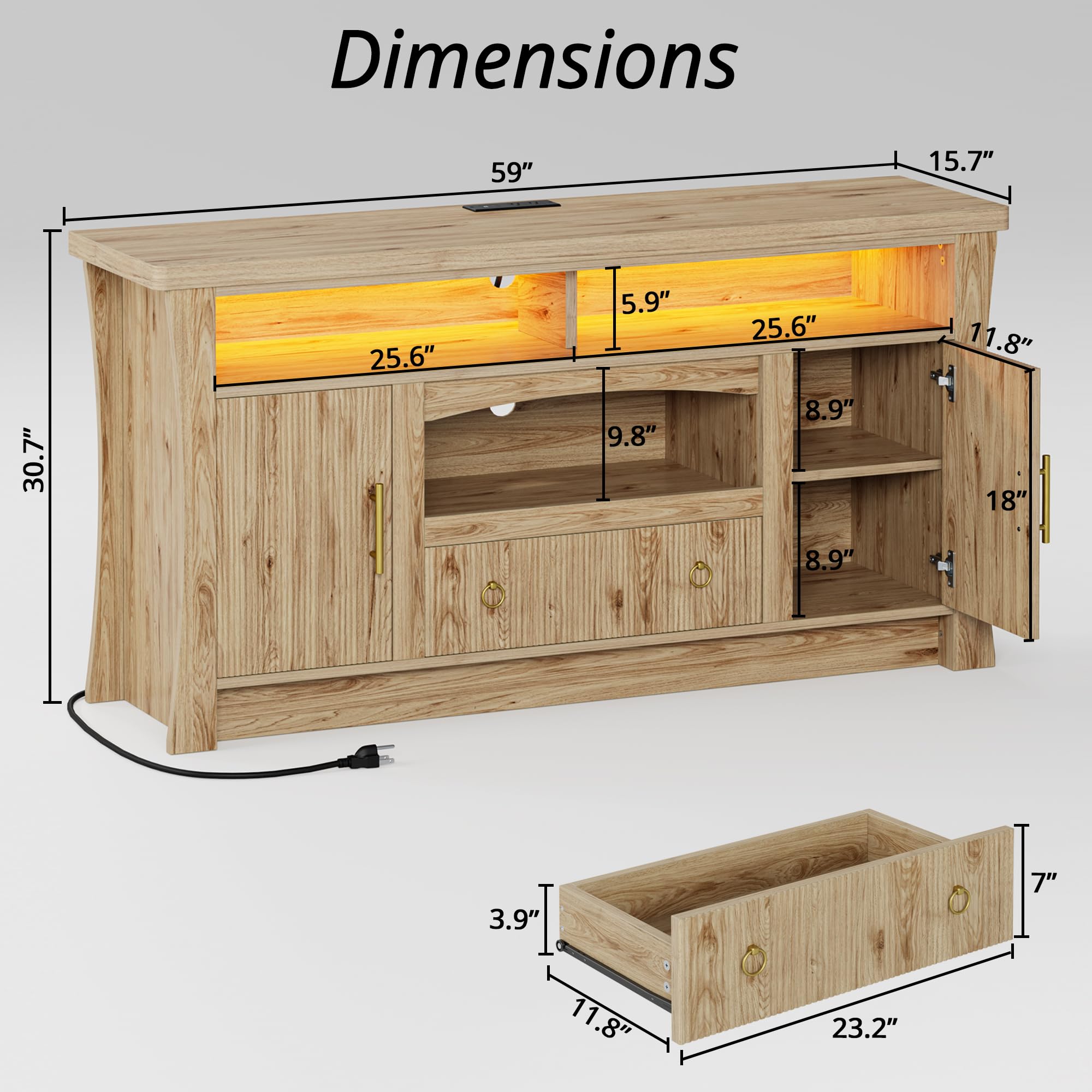 TV Stand with LED Lights & Power Outlet – Fits up to 65"