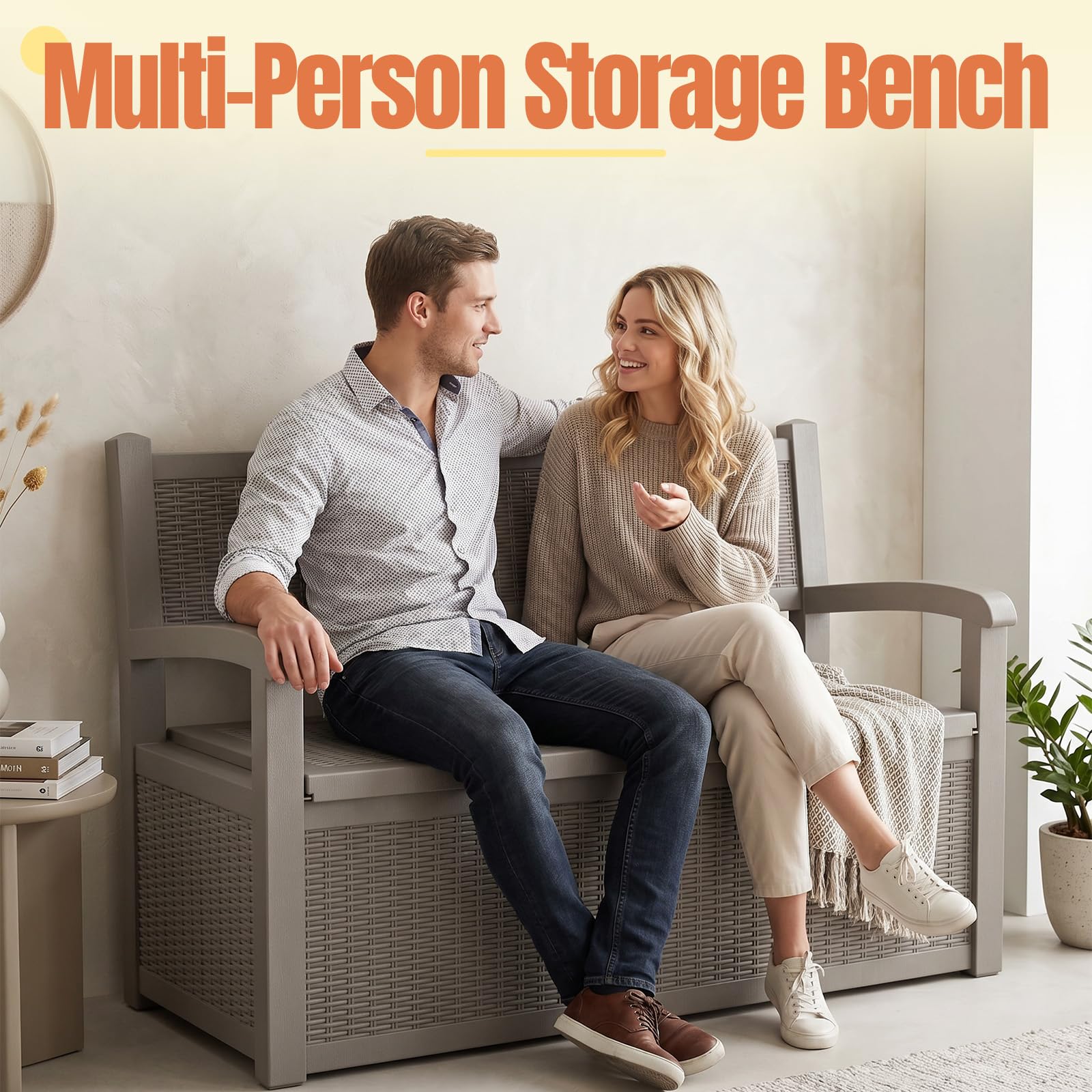 ATMELT Storage Bench Outdoor Deck Box,100 Gallon Waterproof & UV Resistant Lockable Patio Furniture Seating.Indoor/Outdoor Shoe Storage Cabinet for Garden Cushions,Tools,Patio,Pool Supplies(Taupe)