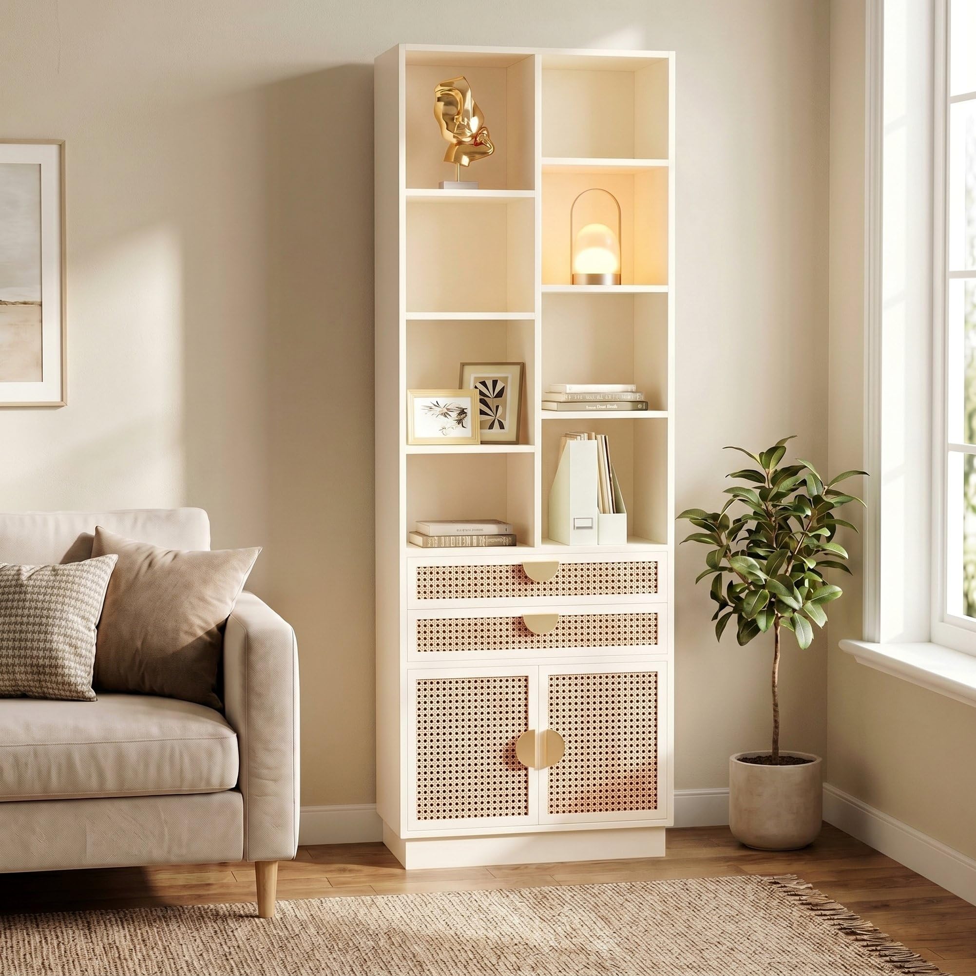 ModernMate Wood Bookcase with 2 Drawers and Doors, 8 Storage Cubes, Tall Bookshelf, Modern Bookcases, Wooden Bookshelves for Home and Office, Living Room, Study, White Rattan