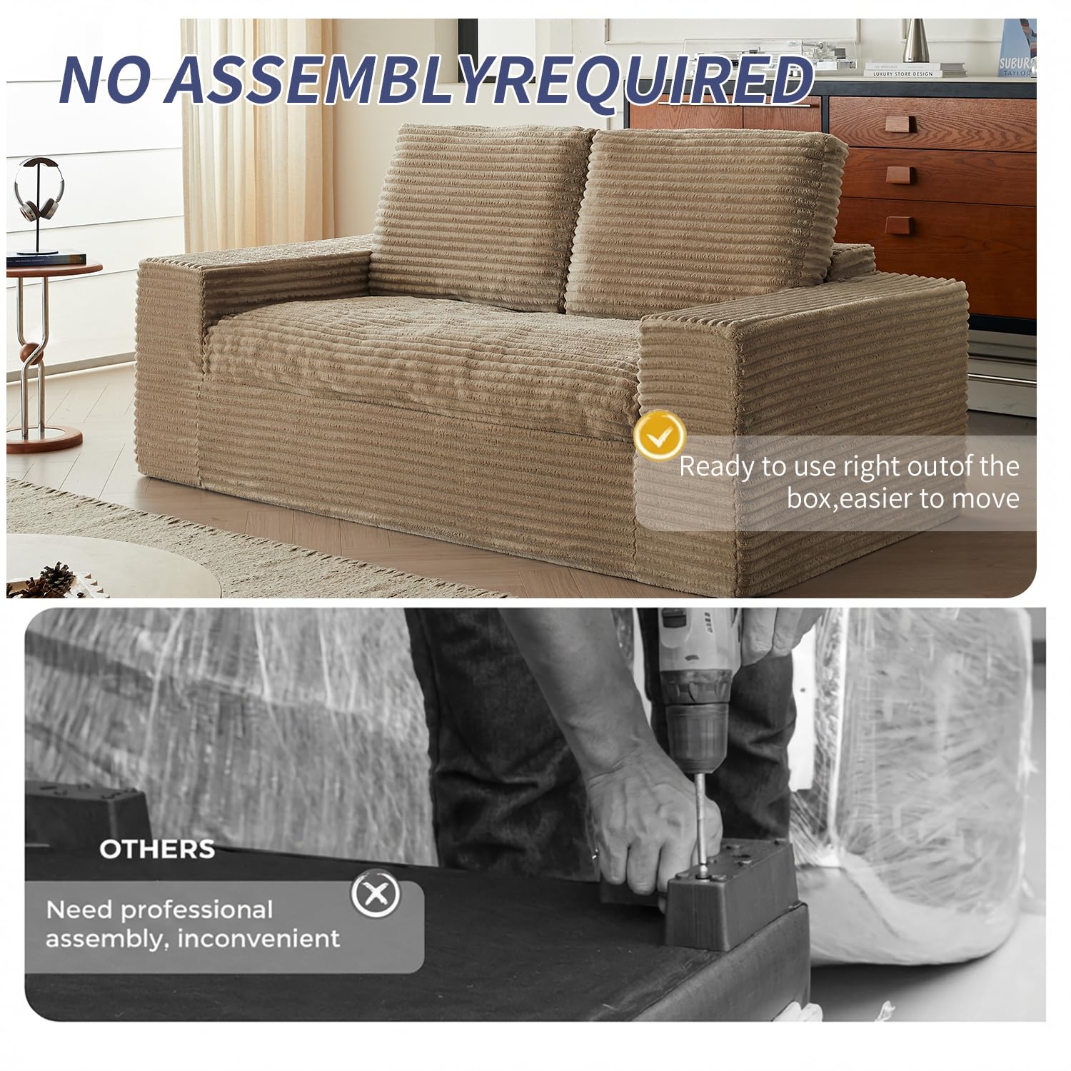 75" Fluffy Corduroy Boneless Couch Cloud Loveseat with Wide Armrest, Upholstered Floor Sofa in A Box, No Assembly Required, Sleeper Sofa for Small Compact Living Room,Office,Apartment (Grey)