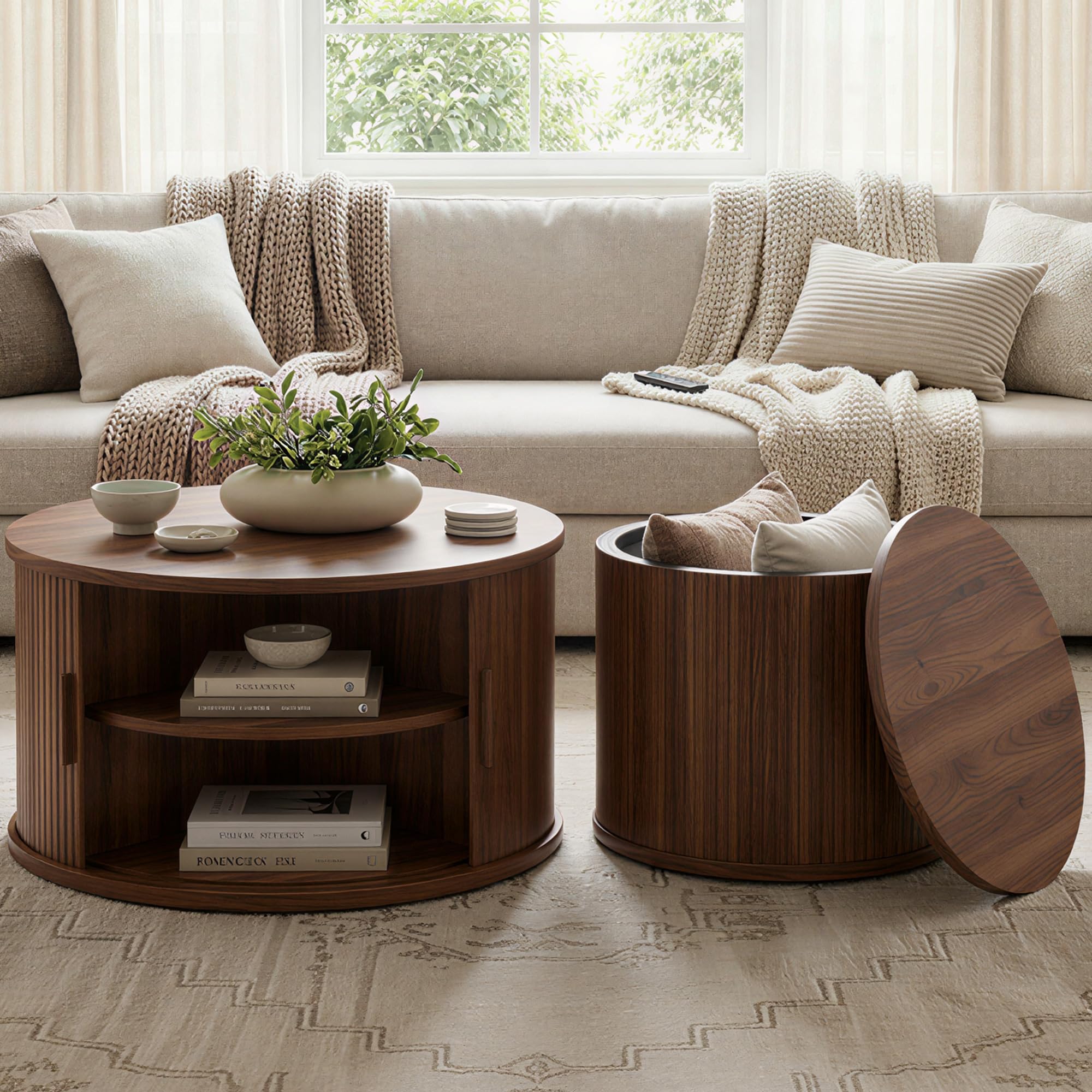 Round Coffee Table Set of 2 with Sliding Door & Hollow Storage