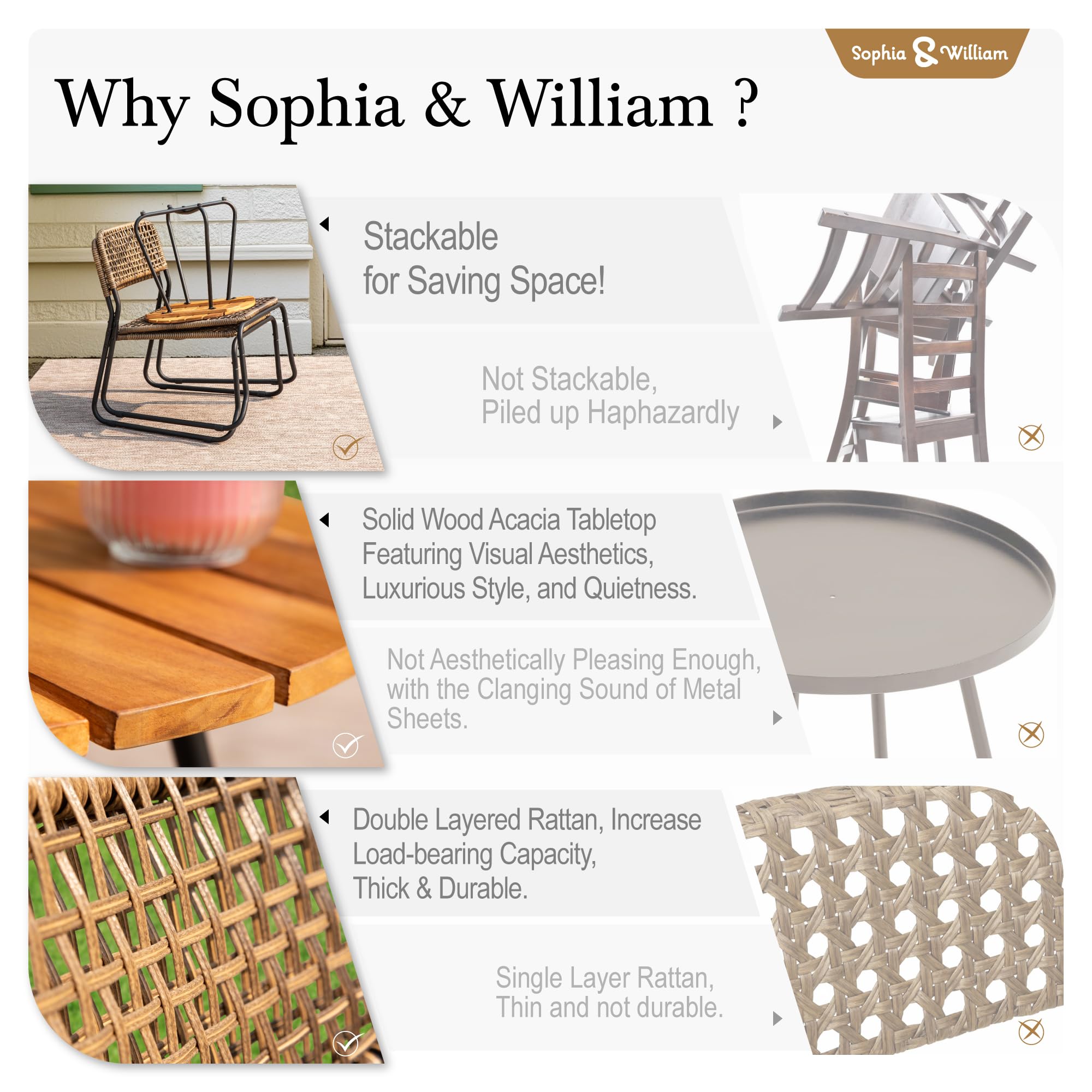 3-Piece Outdoor Bistro Set – Stackable Rattan Chairs & Acacia Wood Table