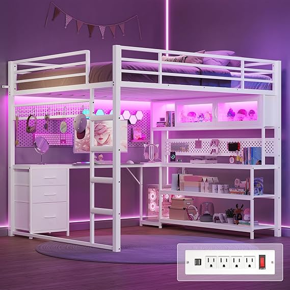 Twin Loft Bed with L-Shaped Gaming Desk & Storage