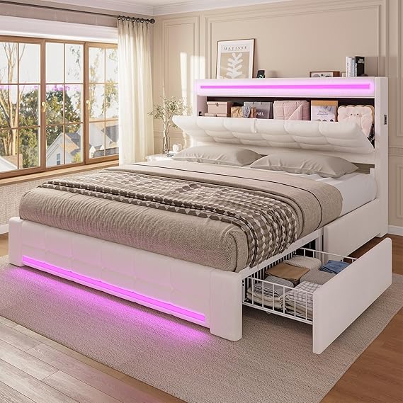 Platform Bed Frame with Storage Headboard & LED Lights